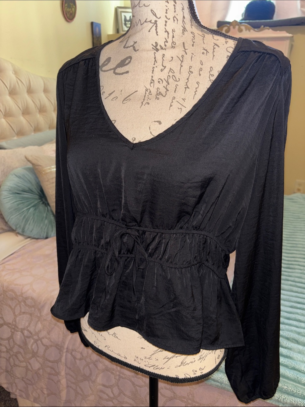 Hippie Rose Black Long-Sleeve V-Neck Peasant Top with Drawstring